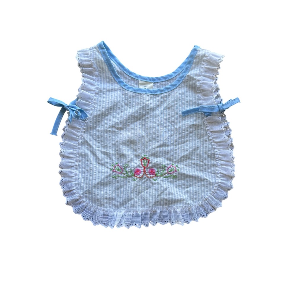 Vintage Stone Baby Girls Seersucker Pinafore Bib Top Blue White Floral 9 Months